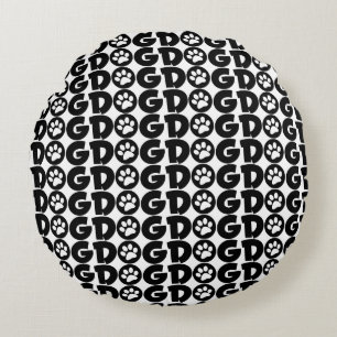 Cute Black & White - Hund / Paw Print Round Pillow Rund Kudde