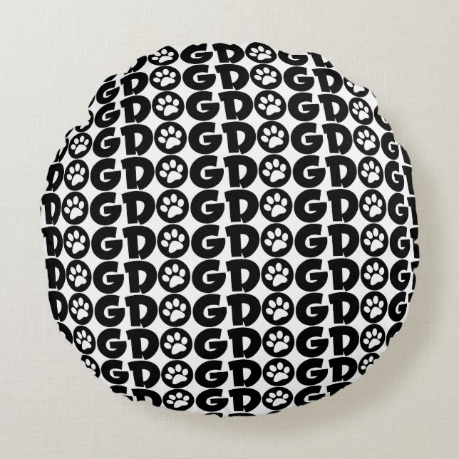 Cute Black & White - Hund / Paw Print Round Pillow Rund Kudde (Framsidan)