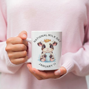 Cute Black & White Kawaii Baby Cow Drinking Mjölk Kaffemugg