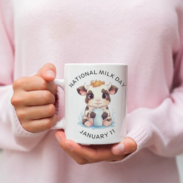 Cute Black & White Kawaii Baby Cow Drinking Mjölk Kaffemugg (Skapare uppladdad)