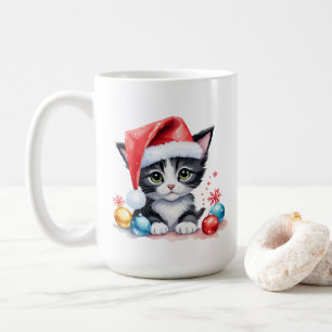 Cute Black & White Kitten i jultomten Kaffemugg