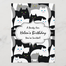 Cute Black White och Grått Cats Födelsedagsfest Inbjudningar