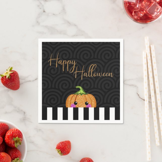 Cute Black White Orange Glitter Pumpkin Halloween Pappersservett (Insitu)