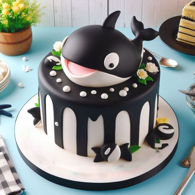 CUTE BLACK & WHITE ORCA WHALE BIRTHDAY CAKE KORT (Skapare uppladdad)