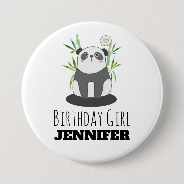 Cute Black & White Panda i Bamboo Birthday Girl Knapp (Framsida)