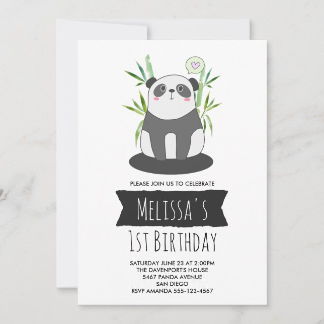 Cute Black & White Panda i Bamboo Birthday Inbjudningar (Framsida)