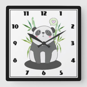 Cute Black & White Panda i Bamboo Fyrkantig Klocka
