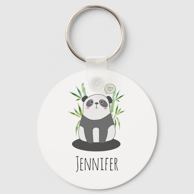 Cute Black & White Panda i Bamboo Nyckelring (Framsida)