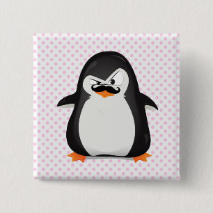 Cute Black White Penguin och Funny Mustache Knapp