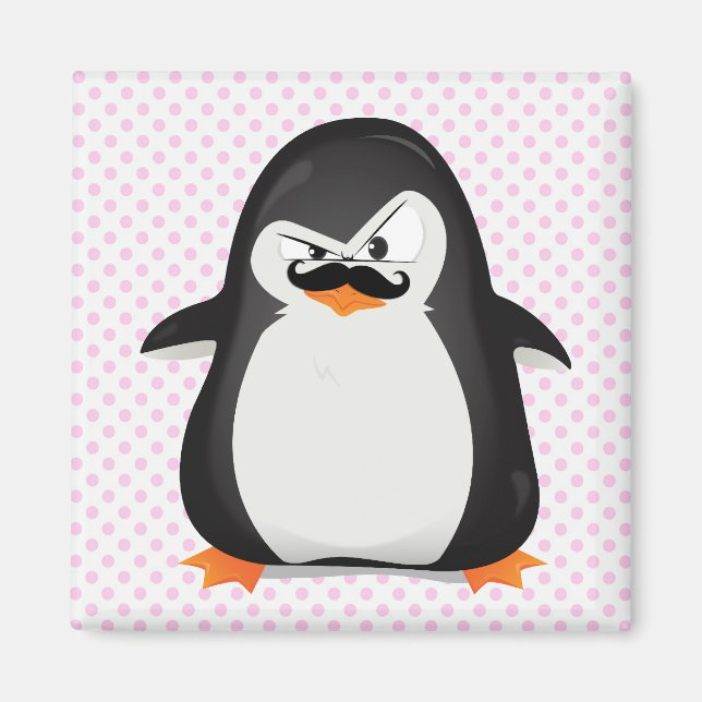 Cute Black White Penguin och Funny Mustache Magnet (Framsidan)