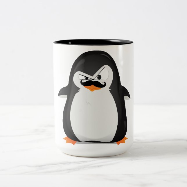 Cute Black White Penguin och Funny Mustache Två-Tonad Mugg (Center)