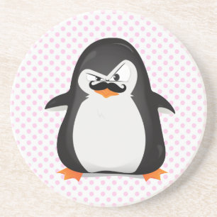 Cute Black White Penguin och Funny Mustache Underlägg Sandsten