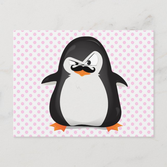 Cute Black White Penguin och Funny Mustache Vykort (Framsida)