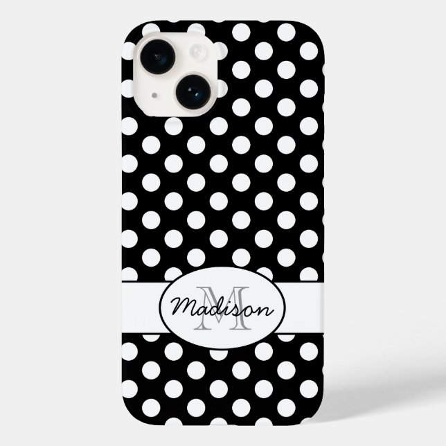Cute Black White polka dots retro mönster Monogram (Baksida)