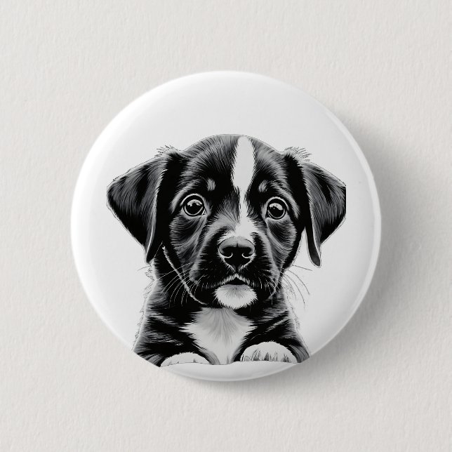 Cute Black & White Puppy – Adorable Dog Button Knapp (Framsida)