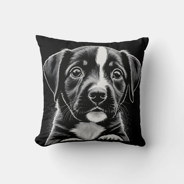 Cute Black & White Puppy – Cozy Dog Lover Pillow Kudde (Framsida)