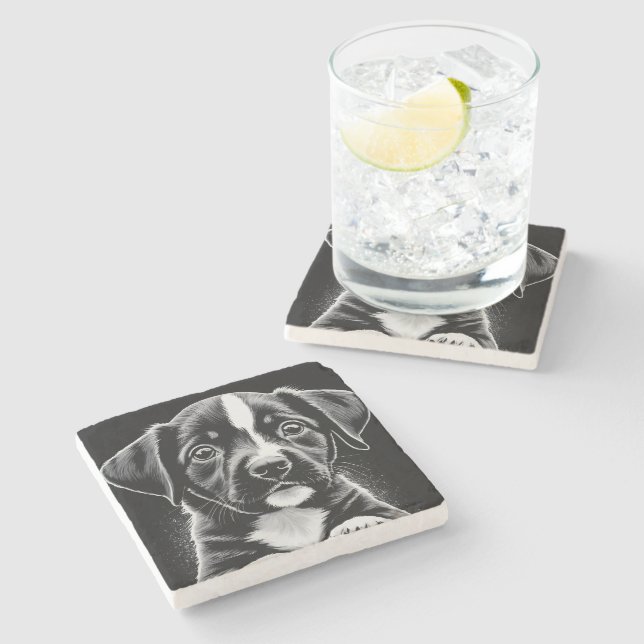 Cute Black & White Puppy – Dog Lover Coasters Stenunderlägg (Sidan)