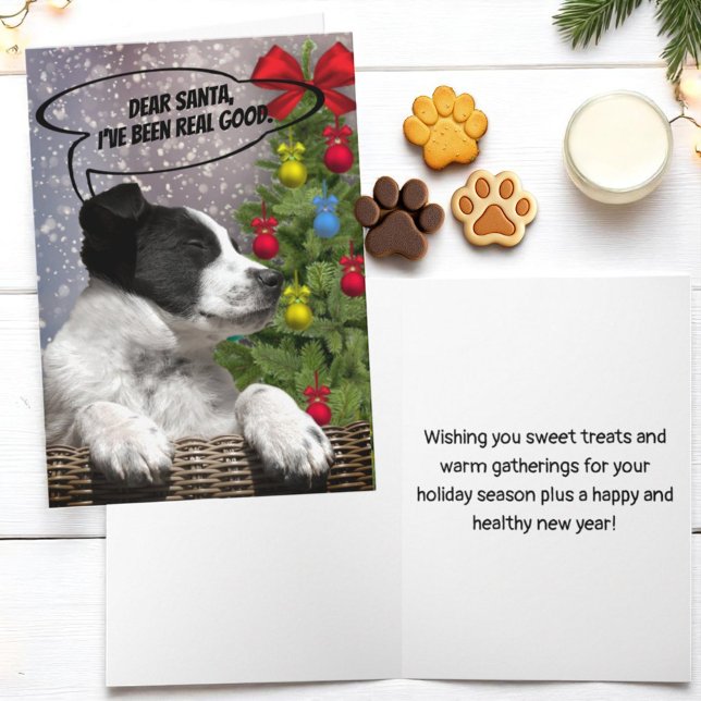 Cute Black White Puppy Dreaming i Snöfall-Anpassni Helgkort (cover and inside template Christmas card)