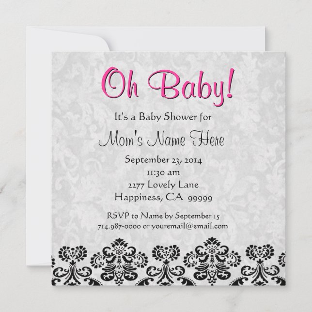 Cute Black White Rosa Heart Damask Baby Shower Inbjudningar (Framsida)