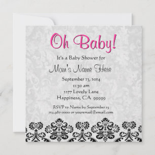 Cute Black White Rosa Heart Damask Baby Shower Inbjudningar