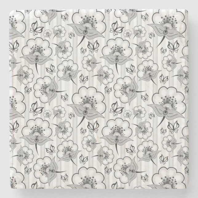 Cute Black white seamless Blommor mönster Underlägg Sten (Framsidan)