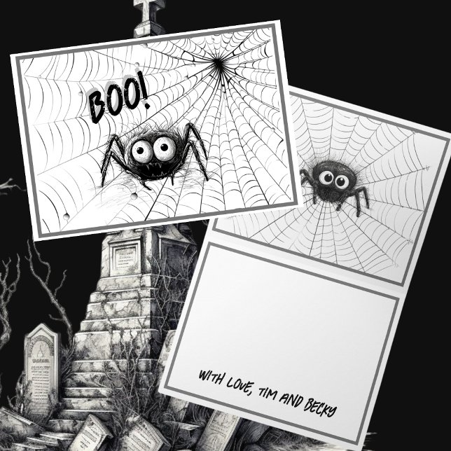 Cute Black & White Spiders | Spindelnät Halloween Kort (Cute Black and White spiders and spider web customizable Halloween greeting cards.)