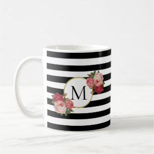 Cute Black White Stried Vintage Rosor Monogram Kaffemugg