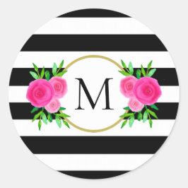 Cute Black White Stripe Rosa Blommigt Monogram Runt Klistermärke