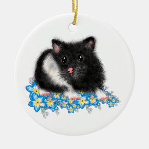 Cute Black White Syrian Hamster-gåvor Julgransprydnad Keramik
