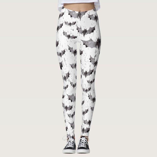 Cute Black & White Watercolor Fladdermöss Hallowee Leggings (Framsida)