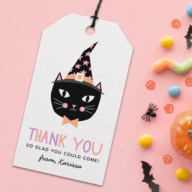 Cute Black Witch Cat Halloween Birthday Namn Presentetikett (Skapare uppladdad)