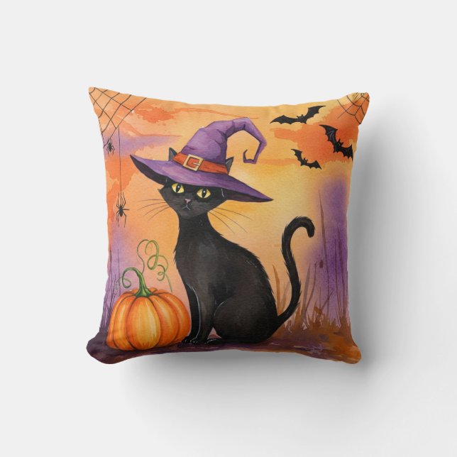 Cute Black Witch Cat Halloween Pillow Kudde (Framsida)