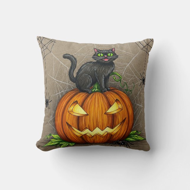 Cute Black Witch Cat Halloween Pumpkin Webben Pill Kudde (Framsida)