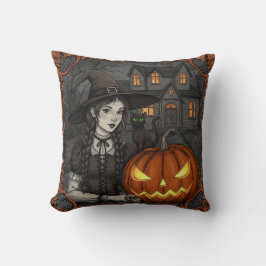 Cute Black Witch Cat Halloween Pumpkin Webben Pill Kudde