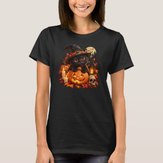 Cute Black Witch Cat on Pumpkin T Shirt