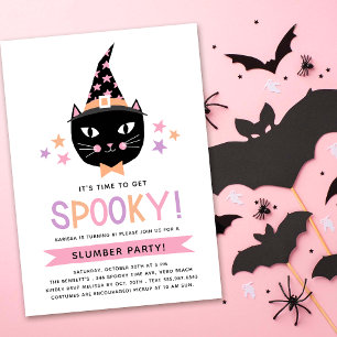 Cute Black Witch Cat Pastel Birthday Slumber Party Inbjudningar