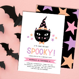 Cute Black Witch Cat Pastel Halloween Birthday Inbjudningar