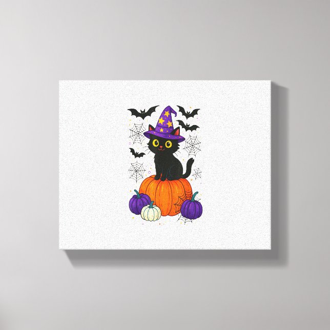 Cute Black Witch Cat Pumpkin Halloween Costume Fal Canvastryck (Framsida)
