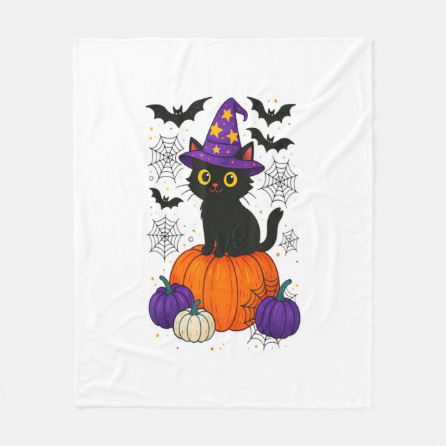 Cute Black Witch Cat Pumpkin Halloween Costume Fal Fleecefilt (Framsidan)