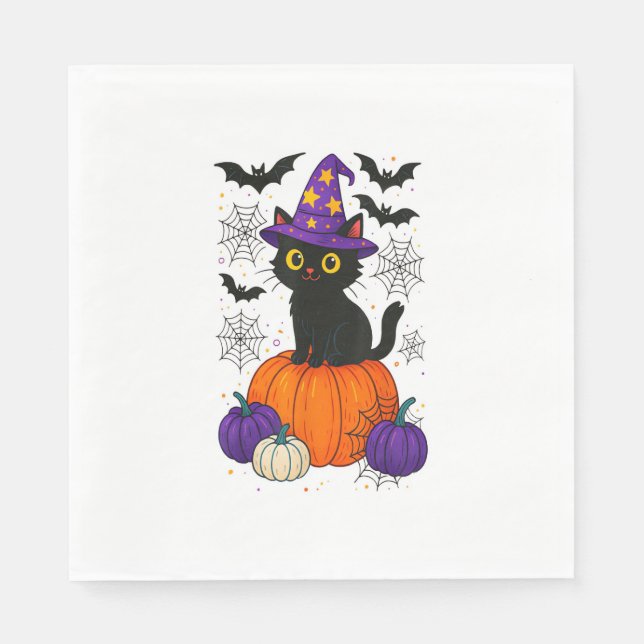 Cute Black Witch Cat Pumpkin Halloween Costume Fal Pappersservett (Framsidan)