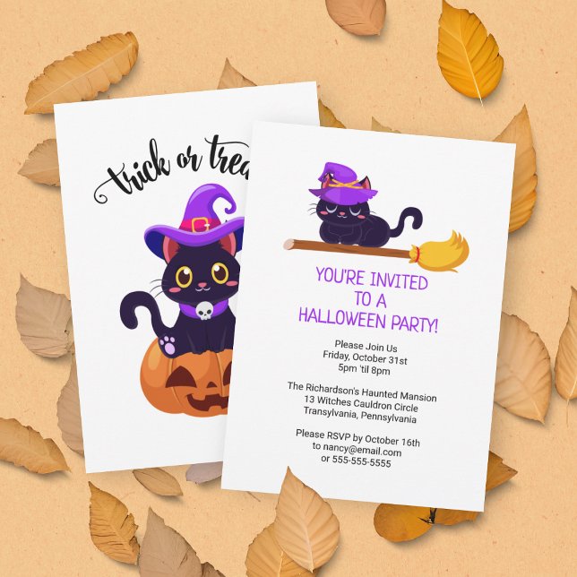 Cute Black Witch Cats Anpassningsbar Halloween fes Inbjudningar (Front and Back View)