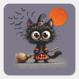 Cute Black Witch Kitten Halloween Fyrkantigt Klistermärke