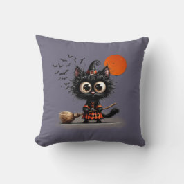 Cute Black Witch Kitten Halloween Kudde