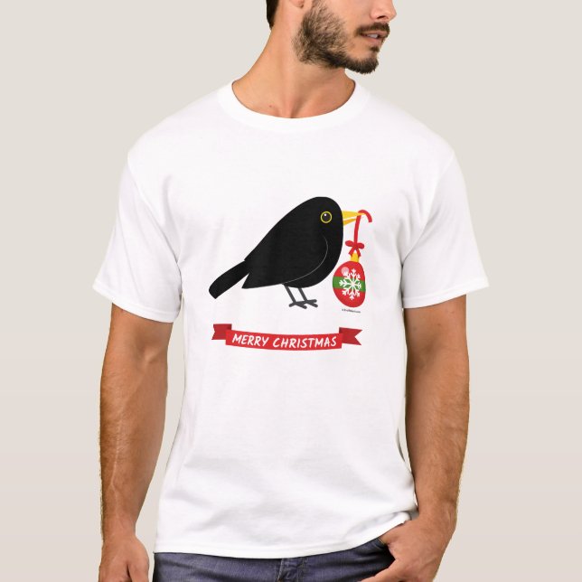 Cute Blackbird med julen Boll T Shirt (Framsida)