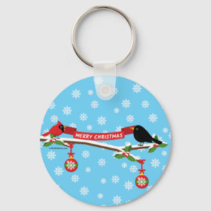 Cute Blackbird och kardinal på Gren - GOD JUL Nyckelring