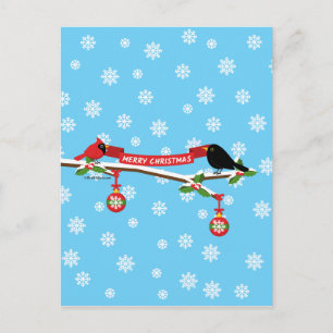 Cute Blackbird och kardinal på Gren - GOD JUL Vykort