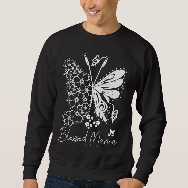 Cute Blessed Mama Butterfly Print Mom Life Lång Ärmad Tröja (Framsida)