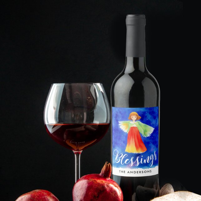 Cute Blessings Blå himmel Guardian Angel Watercolo Vinflaska Etikett (Skapare uppladdad)