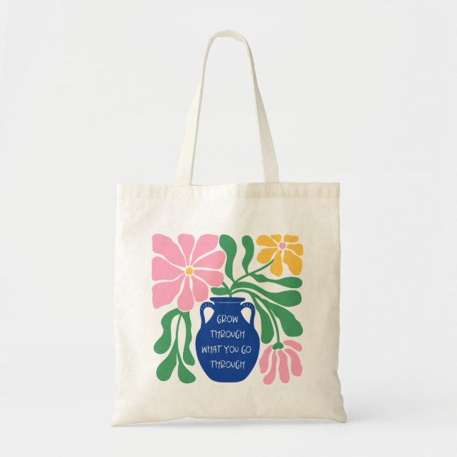 Cute Blommigt Abstrakt Quote Tote Bag Blue Rosa Tygkasse (Framsidan)