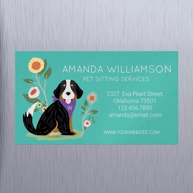 Cute Blommigt Bernese Mountain Hund Djuromsorg Ser Magnetiska Visitkort (Cute Floral Bernese Mountain Dog Pet Care Services Business Card Magnet)